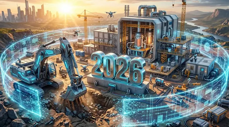 2026년 규제 샌드박스를 통해 첫 상업용 소형모듈원전(SMR)이 착공되는 역동적인 건설 현장과 에너지 산업의 패러다임 시프트를 상징하는 3D 렌더링 이미지