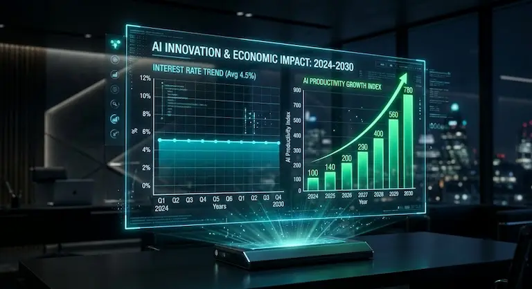 2026년 글로벌 증시 전망의 핵심인 고금리 기조와 AI 생산성 향상을 보여주는 3D 데이터 그래프